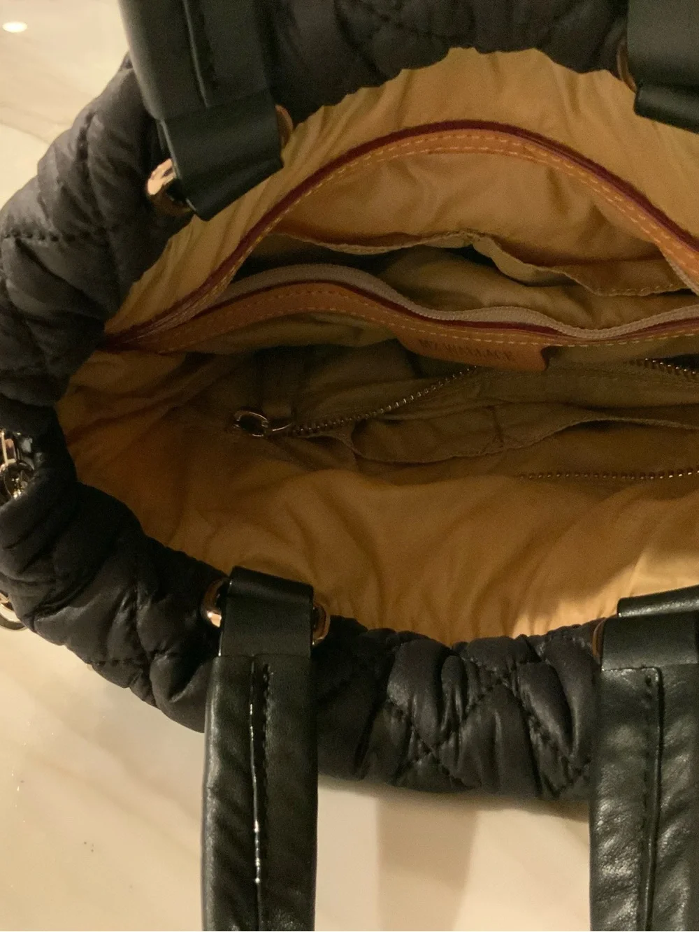 MZ Wallace Audrey Quilted Two-Tone Leather Backpack Tote in Black & Tan